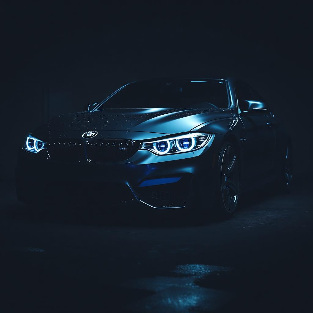 Black BMW M4 with dramatic blue rim lighting