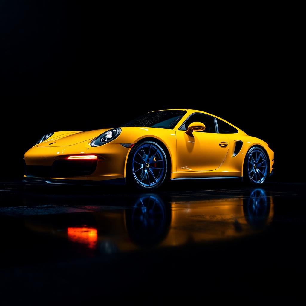 Yellow Porsche 911 with warm amber lighting